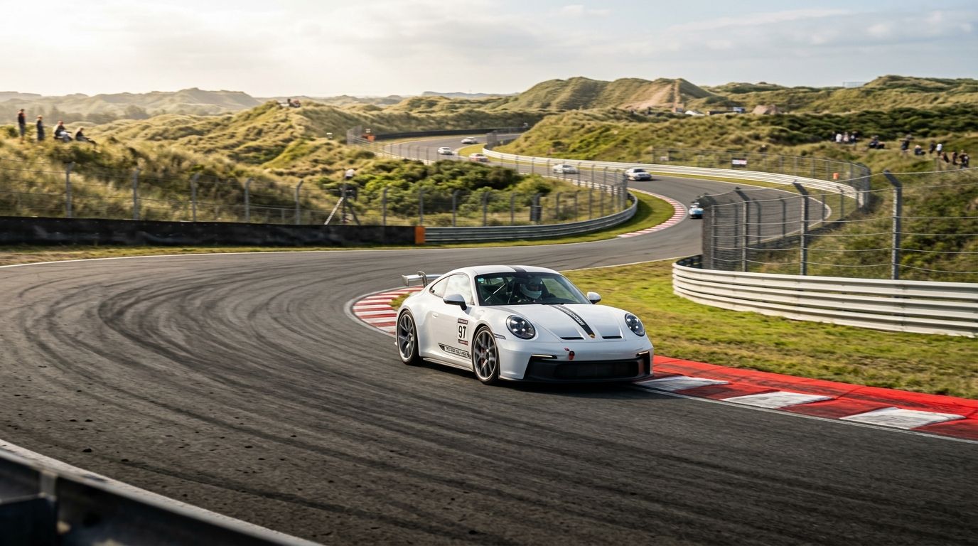 White Porsche sports car taking a sweeping turn at Circuit Zandvoort surrounded by coastal sand dunes.