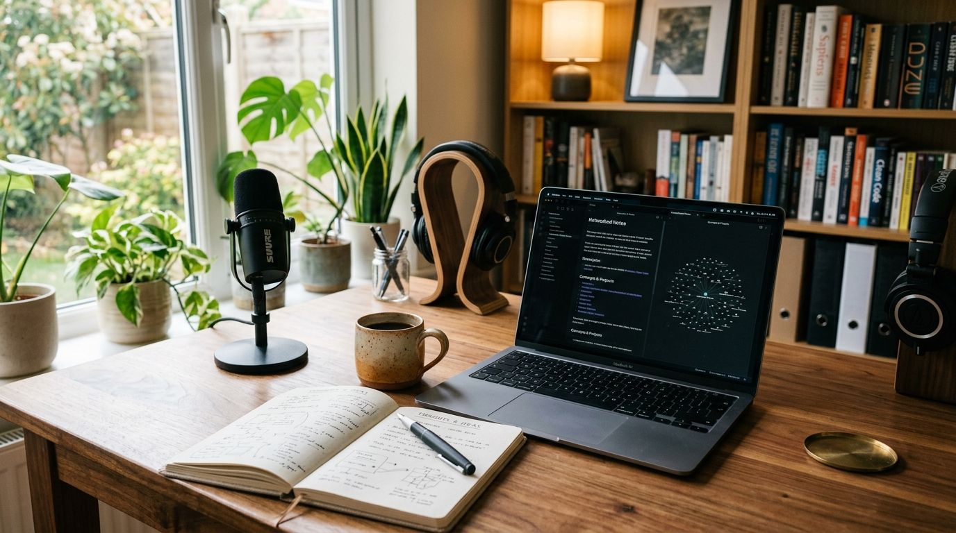 Desk setup with laptop, notebook, and AI reflection tools